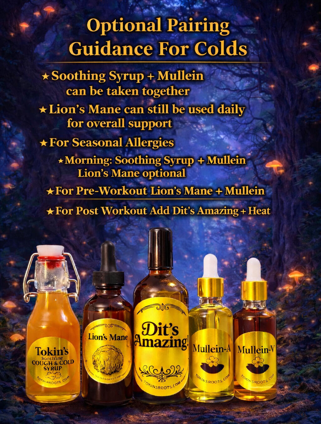 TokinsRoots Herbal Remedies – Dit's Amazing, Mullein, Lion's Mane Tokin's Soothing Cough & Cold Photo of three TokinsRoots herbal wellness products: Dit's Amazing Botanical Rub, Mullein Extract, and Lion's Mane Tincture displayed on a table.