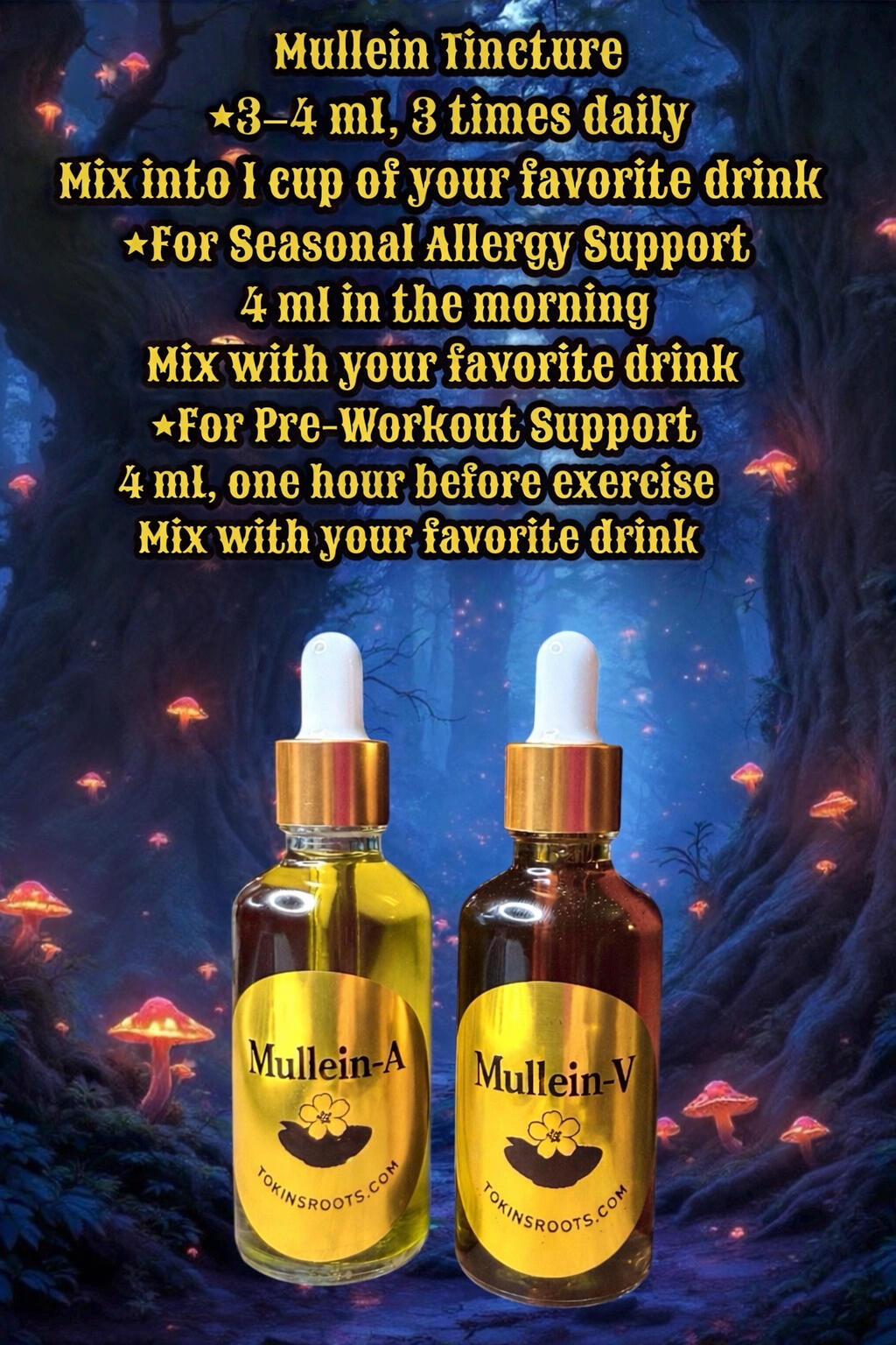 TokinsRoots Herbal Remedies – Dit's Amazing, Mullein, Lion's Mane Tokin's Soothing Cough & Cold Photo of three TokinsRoots herbal wellness products: Dit's Amazing Botanical Rub, Mullein Extract, and Lion's Mane Tincture displayed on a table.