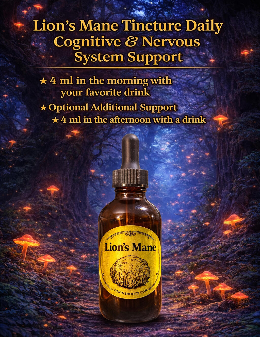 TokinsRoots Herbal Remedies – Dit's Amazing, Mullein, Lion's Mane Tokin's Soothing Cough & Cold Photo of three TokinsRoots herbal wellness products: Dit's Amazing Botanical Rub, Mullein Extract, and Lion's Mane Tincture displayed on a table.