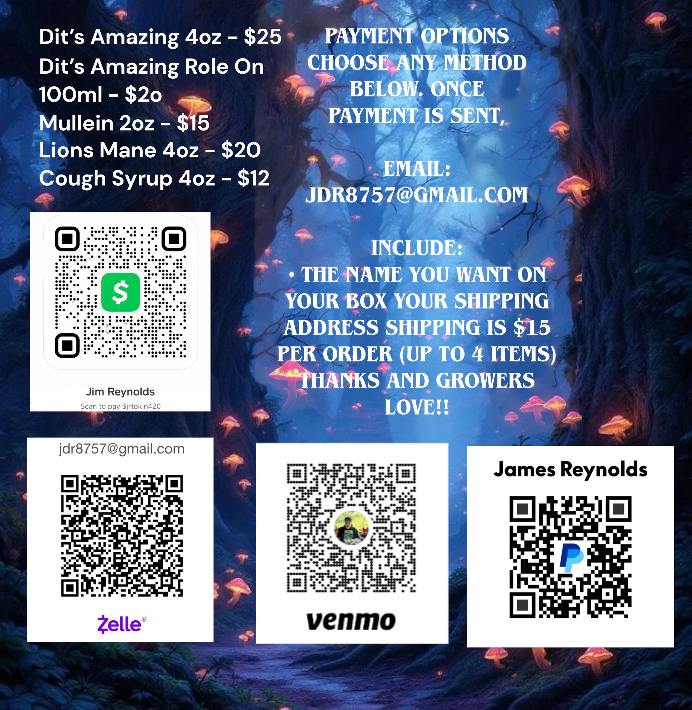 TokinsRoots Herbal Remedies – Dit's Amazing, Mullein, Lion's Mane Tokin's Soothing Cough & Cold Photo of three TokinsRoots herbal wellness products: Dit's Amazing Botanical Rub, Mullein Extract, and Lion's Mane Tincture displayed on a table.