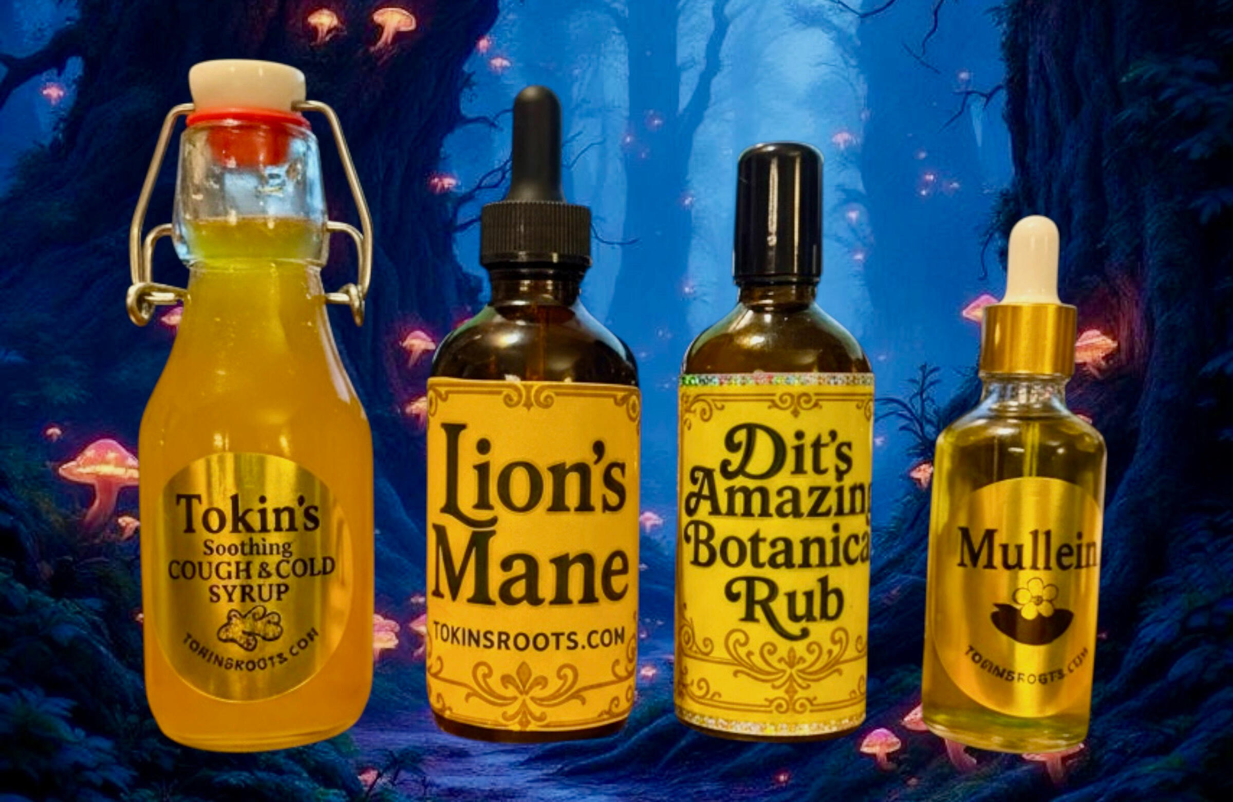 TokinsRoots Herbal Remedies – Dit's Amazing, Mullein, Lion's Mane Tokin's Soothing Cough & Cold Photo of three TokinsRoots herbal wellness products: Dit's Amazing Botanical Rub, Mullein Extract, and Lion's Mane Tincture displayed on a table.